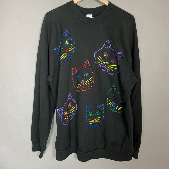 Vintage Sweatshirt Cats DIY Painted Unisex Preloved Black Quirky Eclectic Wacky - Picture 1 of 15